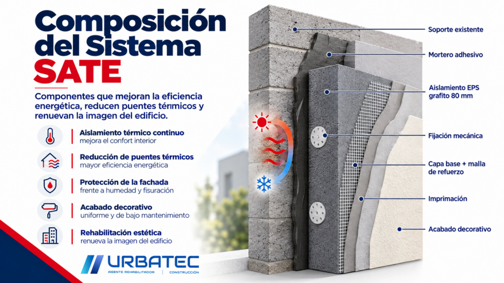Composición del sistema SATE con aislamiento, fijaciones, malla y acabado