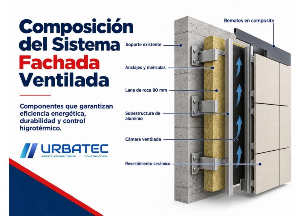 Composición del sistema de fachada ventilada: soporte, anclajes, lana de roca, subestructura de aluminio, cámara ventilada y revestimiento cerámico