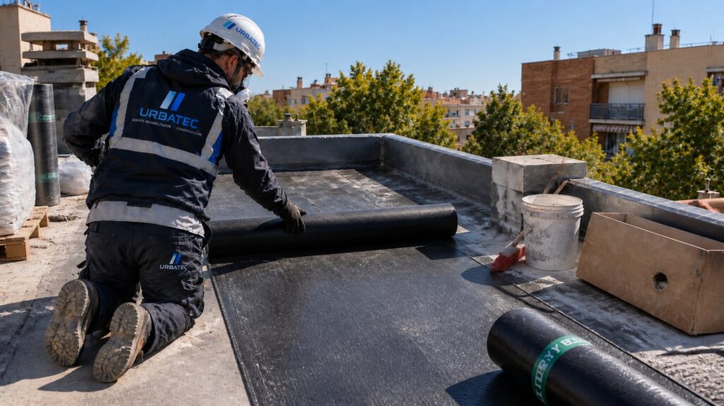 Instalación de lámina asfáltica impermeabilizante en cubierta plana