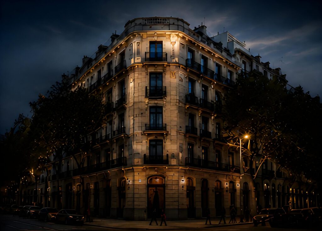 Edificio residencial rehabilitado de noche