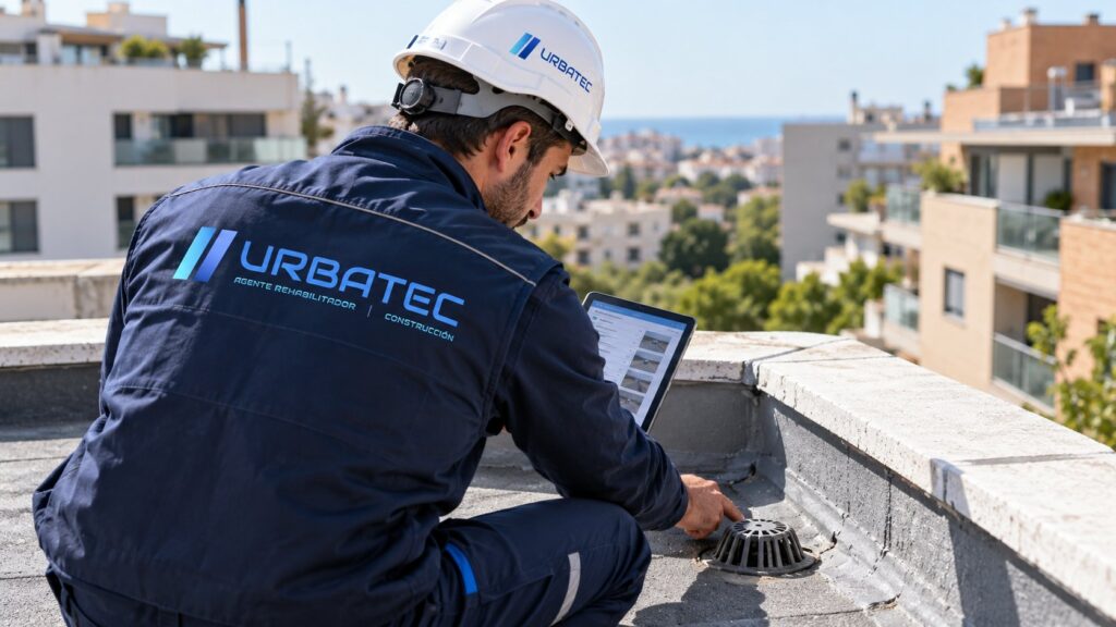 Técnico revisando la cubierta de un edificio